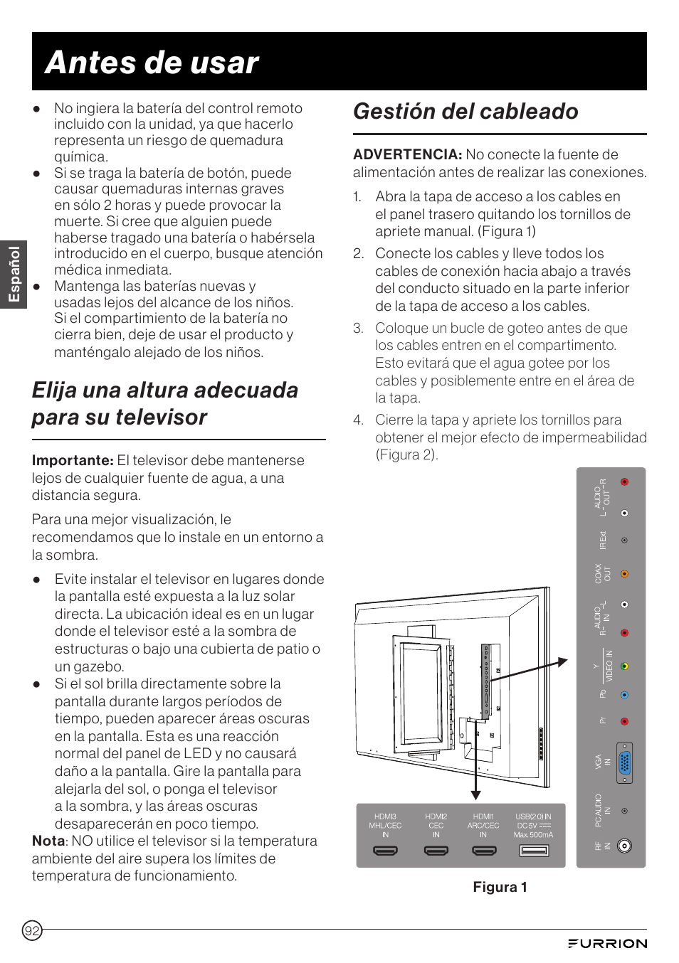 Antes de usar, Elija una altura adecuada para su televisor, Gestión del cableado | Furrion Aurora 49" Class HDR 4K UHD Full-Shade Outdoor LED TV User Manual | Page 92 / 117