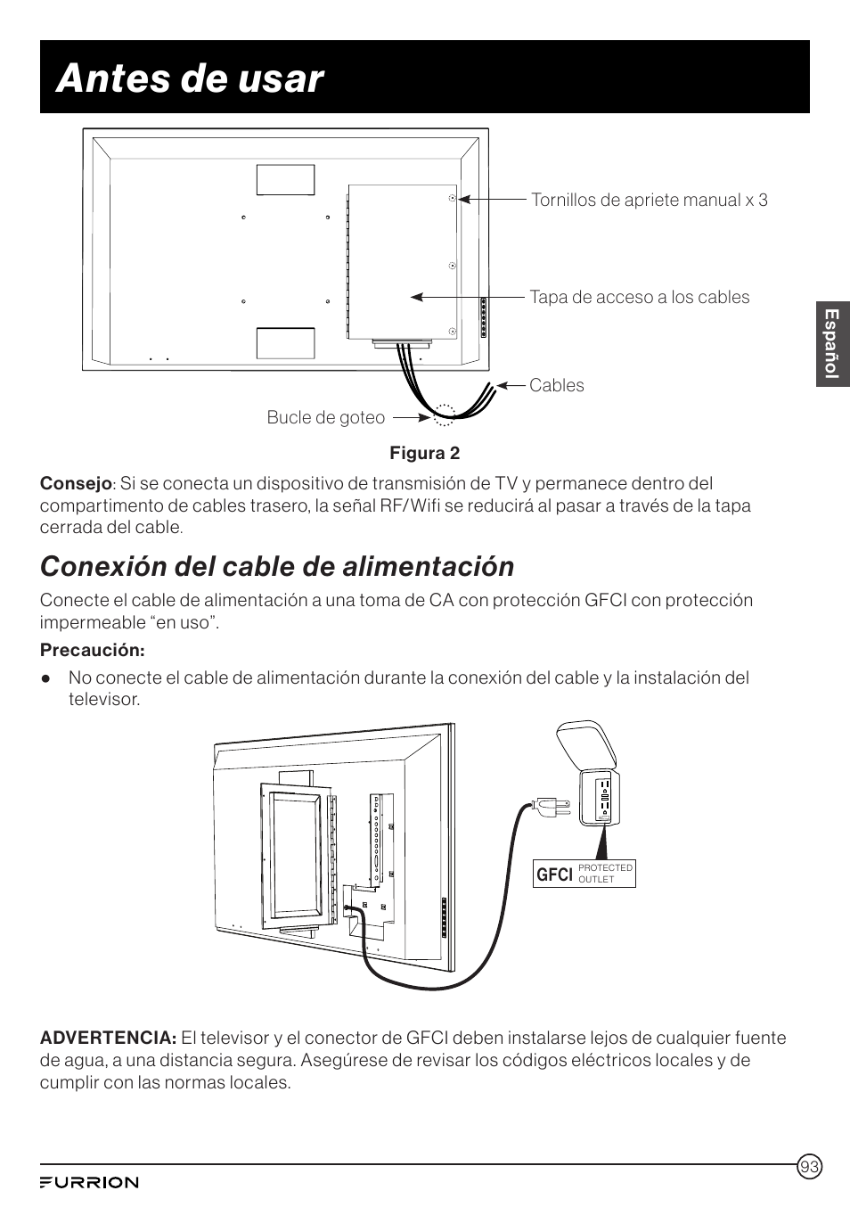 Antes de usar, Conexión del cable de alimentación | Furrion Aurora 49" Class HDR 4K UHD Full-Shade Outdoor LED TV User Manual | Page 93 / 117