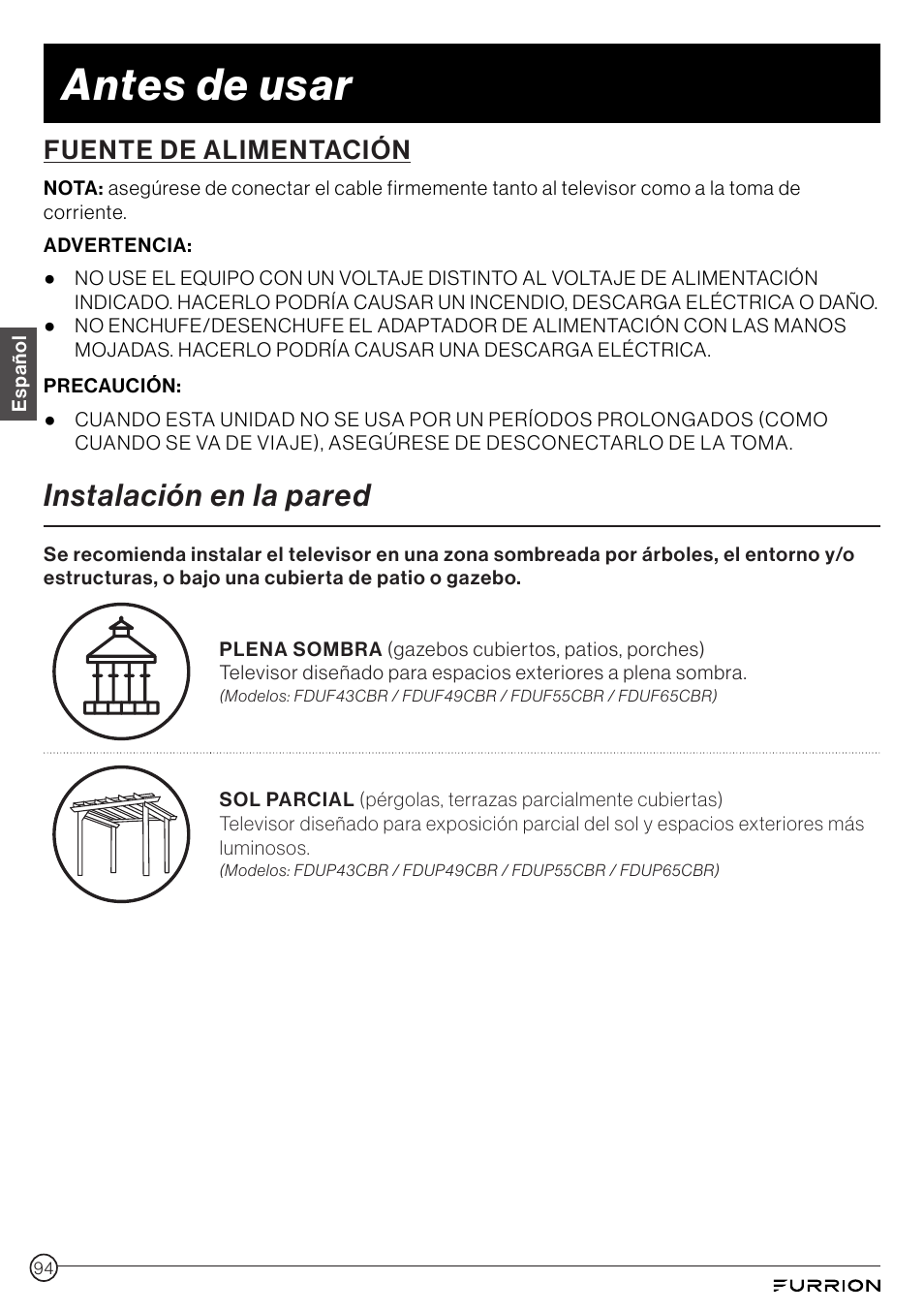 Instalación en la pared, Antes de usar, Fuente de alimentación | Furrion Aurora 49" Class HDR 4K UHD Full-Shade Outdoor LED TV User Manual | Page 94 / 117