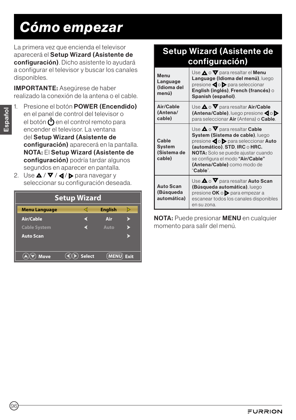 Cómo empezar, Setup wizard (asistente de configuración), Setup wizard | Furrion Aurora 49" Class HDR 4K UHD Full-Shade Outdoor LED TV User Manual | Page 96 / 117