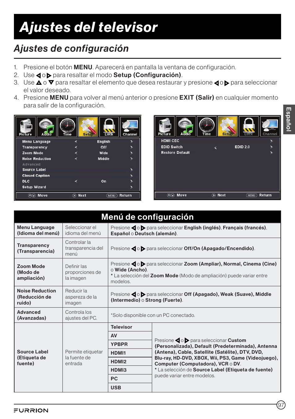 Ajustes del televisor, Ajustes de configuración, Menú de configuración | Furrion Aurora 49" Class HDR 4K UHD Full-Shade Outdoor LED TV User Manual | Page 97 / 117