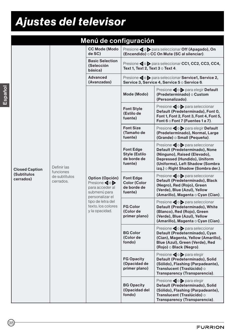 Ajustes del televisor, Menú de configuración, Español | Furrion Aurora 49" Class HDR 4K UHD Full-Shade Outdoor LED TV User Manual | Page 98 / 117