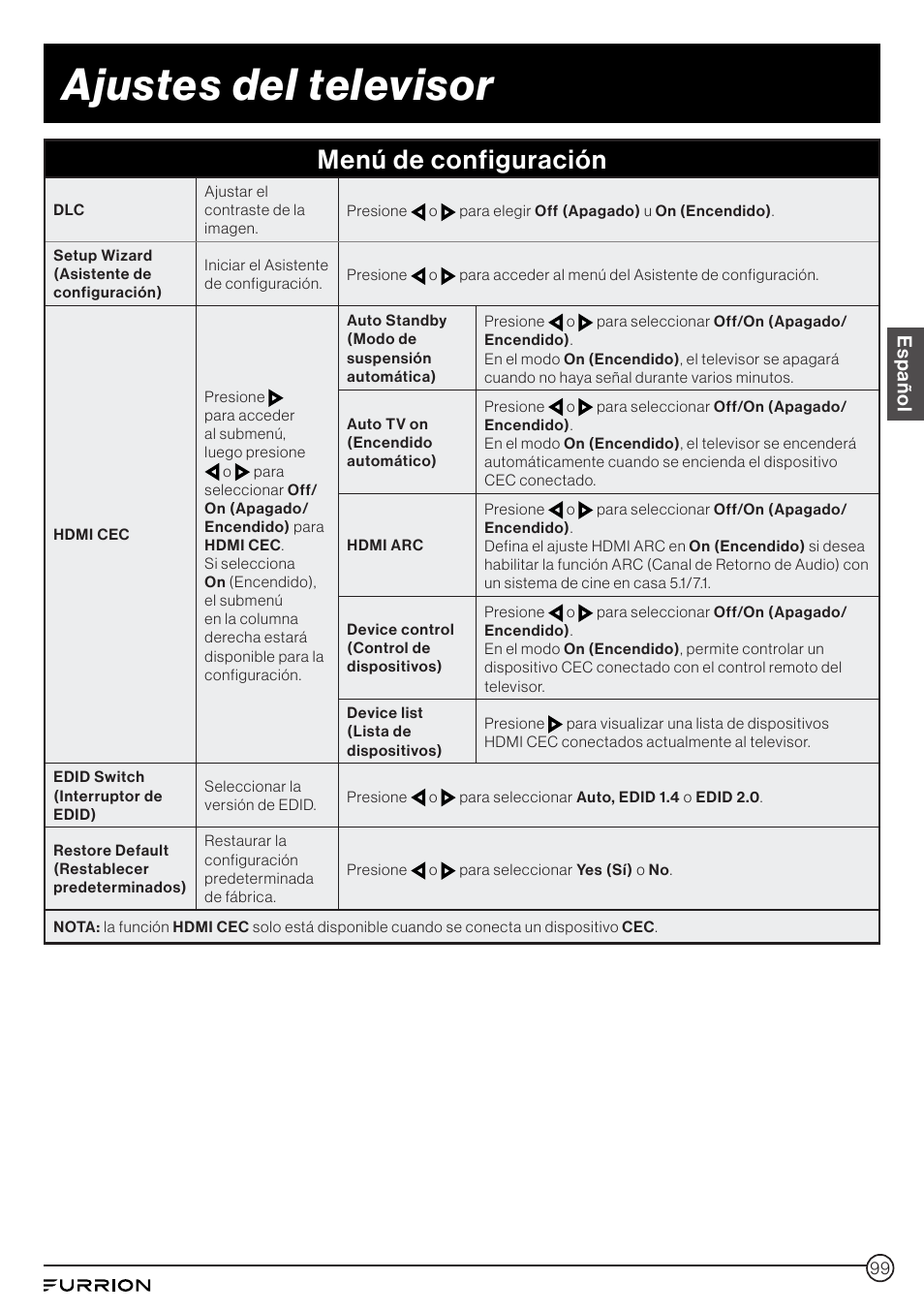 Ajustes del televisor, Menú de configuración, Español | Furrion Aurora 49" Class HDR 4K UHD Full-Shade Outdoor LED TV User Manual | Page 99 / 117