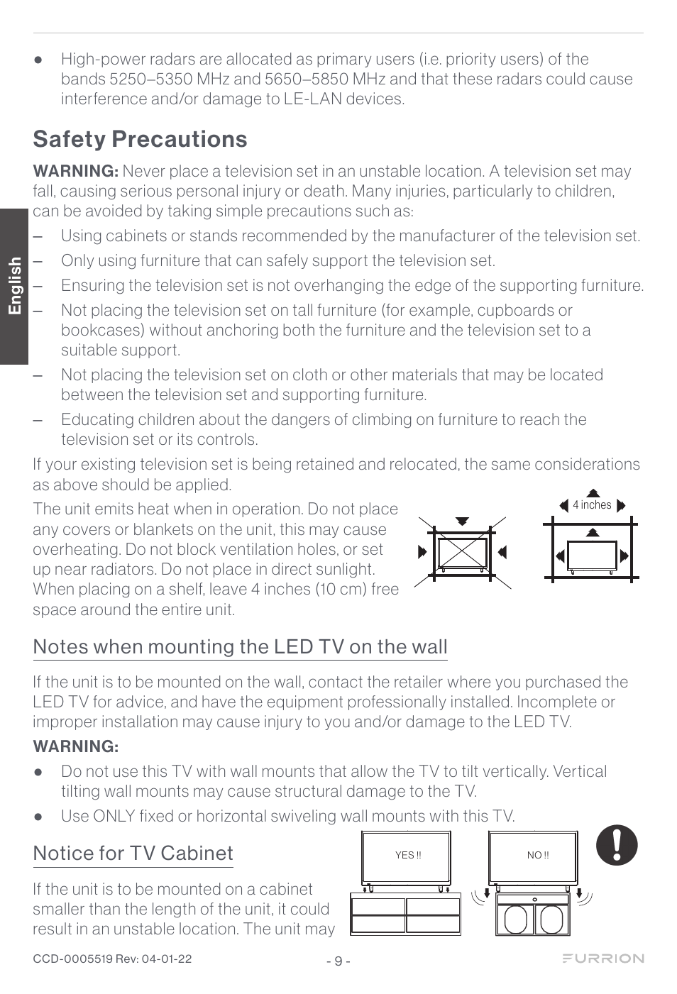 Safety precautions, Notice for tv cabinet, 4 inches | 5 inches, English | Furrion Aurora Sun 55" 4K HDR LED Full Sun Outdoor Smart TV User Manual | Page 10 / 77