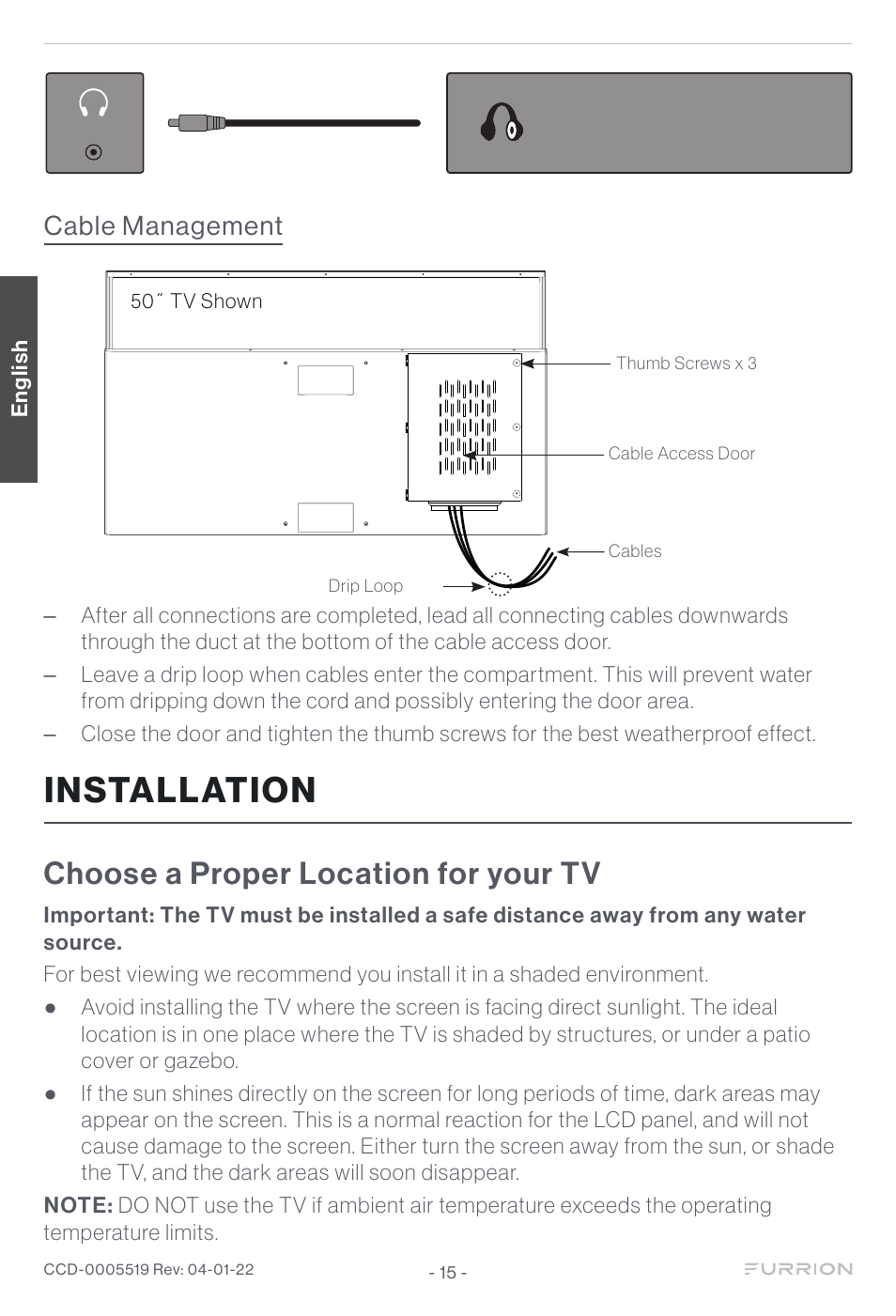 Installation, Choose a proper location for your tv, Cable management | 50˝ tv shown | Furrion Aurora Sun 55" 4K HDR LED Full Sun Outdoor Smart TV User Manual | Page 16 / 77