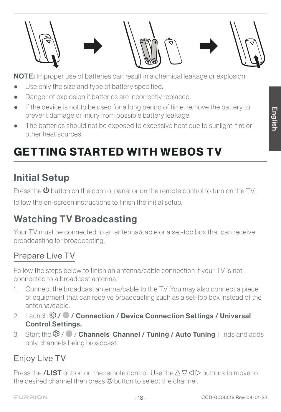 Getting started with webos tv, Initial setup, Watching tv broadcasting | Prepare live tv, Enjoy live tv | Furrion Aurora Sun 55" 4K HDR LED Full Sun Outdoor Smart TV User Manual | Page 19 / 77