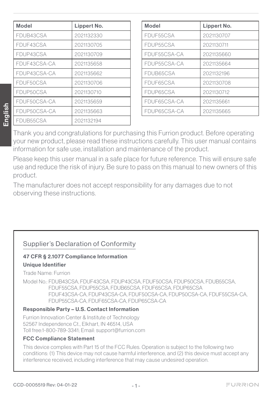 English | Furrion Aurora Sun 55" 4K HDR LED Full Sun Outdoor Smart TV User Manual | Page 2 / 77