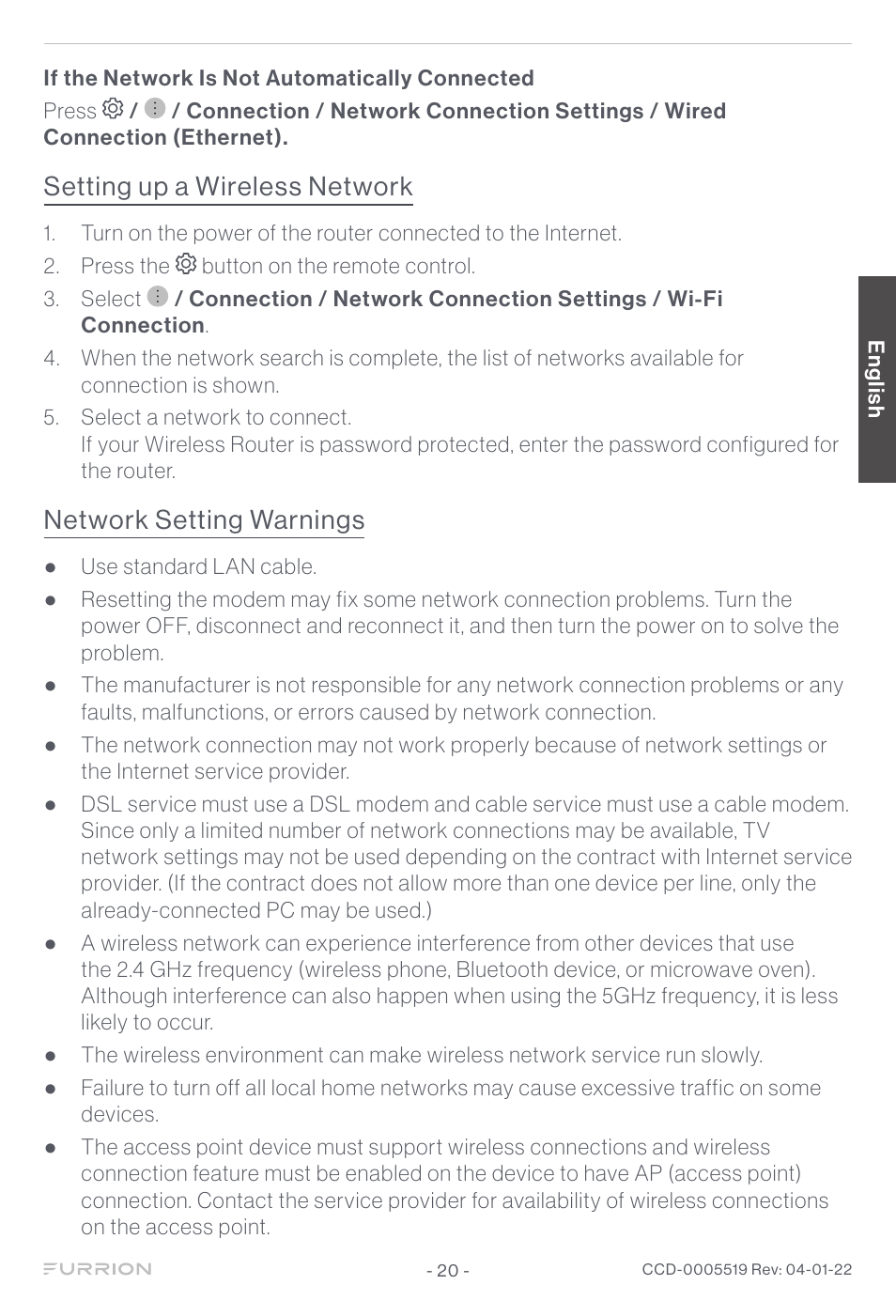 Setting up a wireless network, Network setting warnings | Furrion Aurora Sun 55" 4K HDR LED Full Sun Outdoor Smart TV User Manual | Page 21 / 77