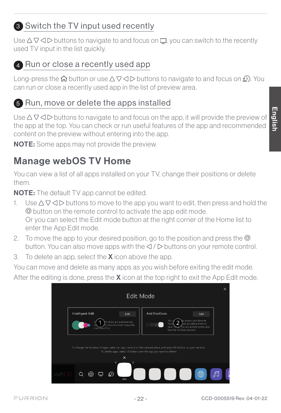 Manage webos tv home, Switch the tv input used recently, Run or close a recently used app | Run, move or delete the apps installed | Furrion Aurora Sun 55" 4K HDR LED Full Sun Outdoor Smart TV User Manual | Page 23 / 77