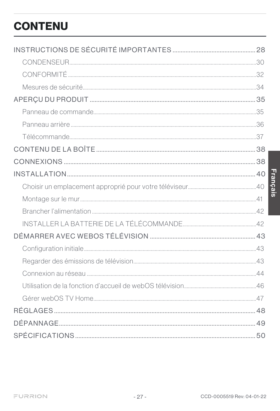 Contenu | Furrion Aurora Sun 55" 4K HDR LED Full Sun Outdoor Smart TV User Manual | Page 28 / 77