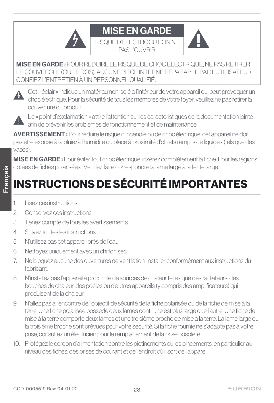 Instructions de sécurité importantes, Mise en garde | Furrion Aurora Sun 55" 4K HDR LED Full Sun Outdoor Smart TV User Manual | Page 29 / 77