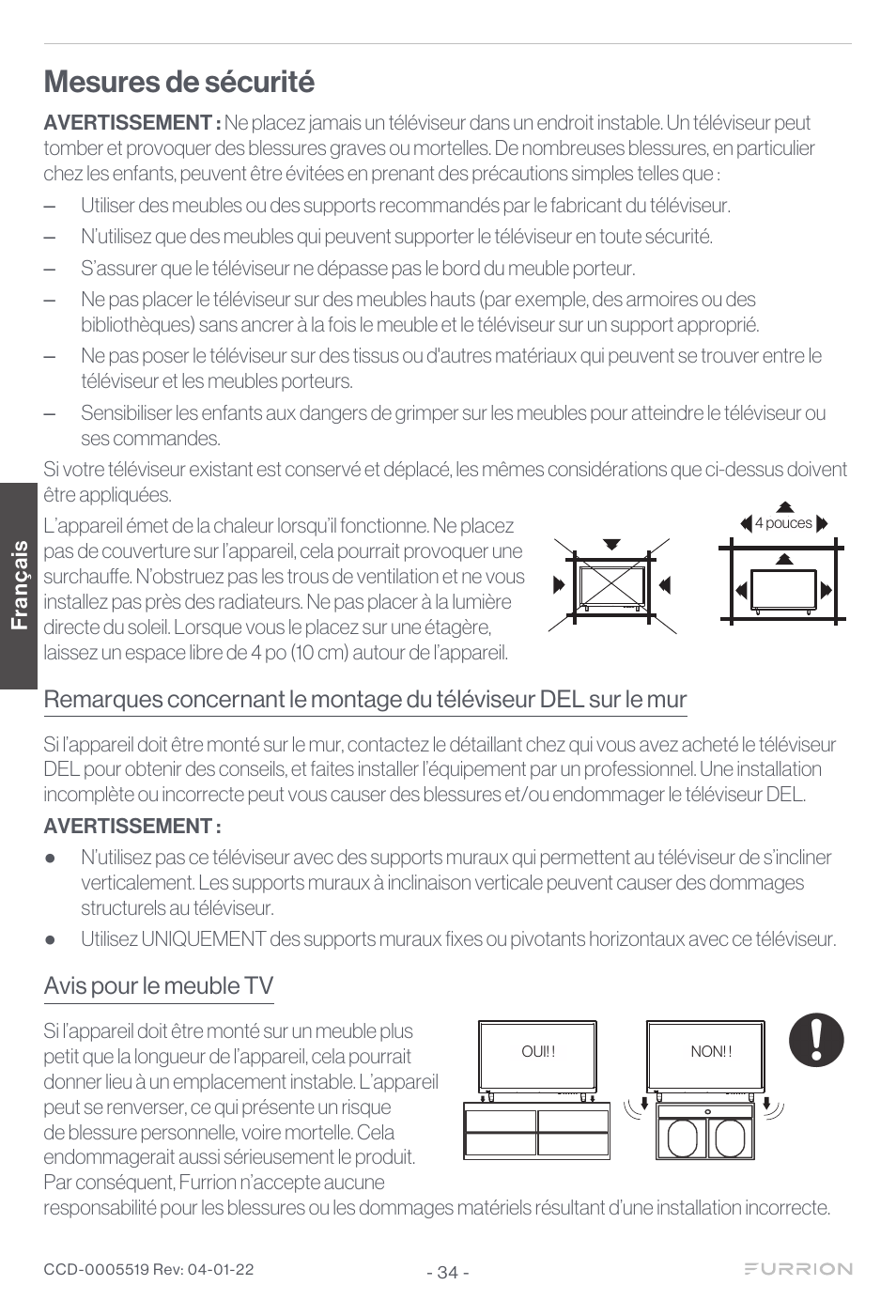 Mesures de sécurité, Avis pour le meuble tv, 4 inches | 5 inches, Franç ais | Furrion Aurora Sun 55" 4K HDR LED Full Sun Outdoor Smart TV User Manual | Page 35 / 77