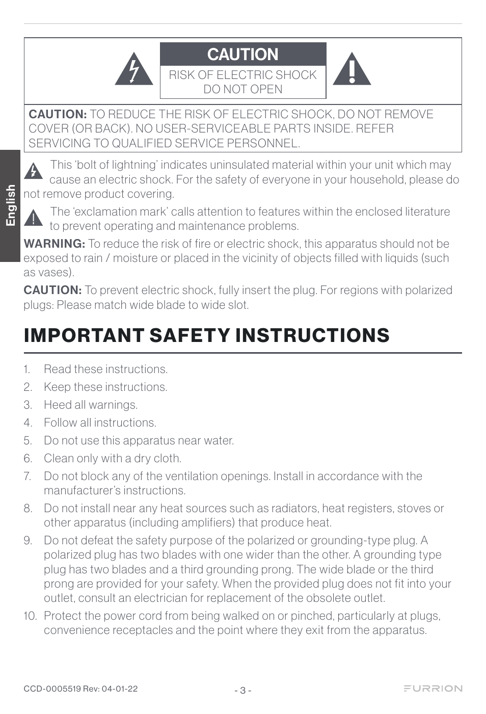 Important safety instructions, Caution | Furrion Aurora Sun 55" 4K HDR LED Full Sun Outdoor Smart TV User Manual | Page 4 / 77