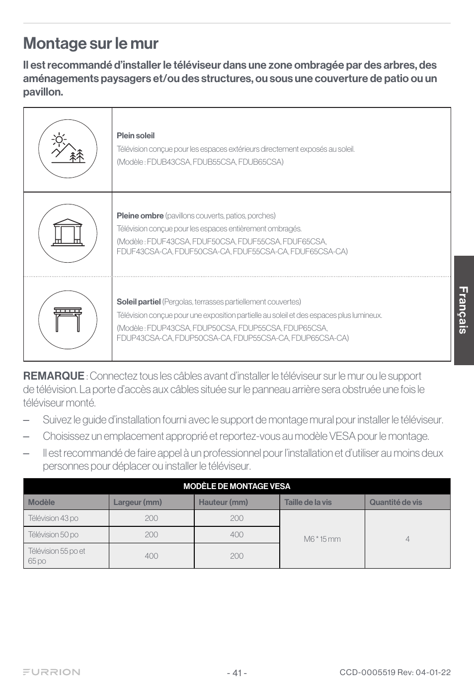 Montage sur le mur, Franç ais | Furrion Aurora Sun 55" 4K HDR LED Full Sun Outdoor Smart TV User Manual | Page 42 / 77