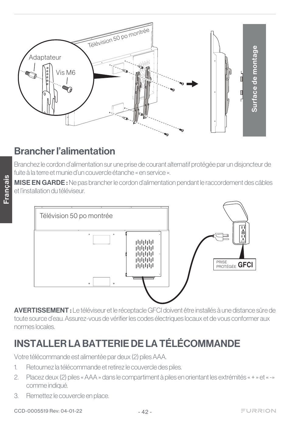 Brancher l’alimentation, Installer la batterie de la télécommande, Gfci | Furrion Aurora Sun 55" 4K HDR LED Full Sun Outdoor Smart TV User Manual | Page 43 / 77