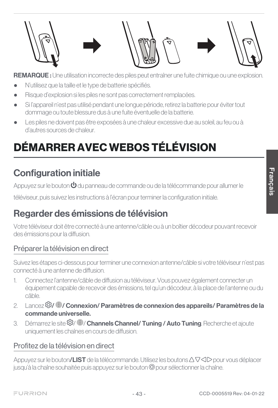 Démarrer avec webos télévision, Configuration initiale, Regarder des émissions de télévision | Furrion Aurora Sun 55" 4K HDR LED Full Sun Outdoor Smart TV User Manual | Page 44 / 77