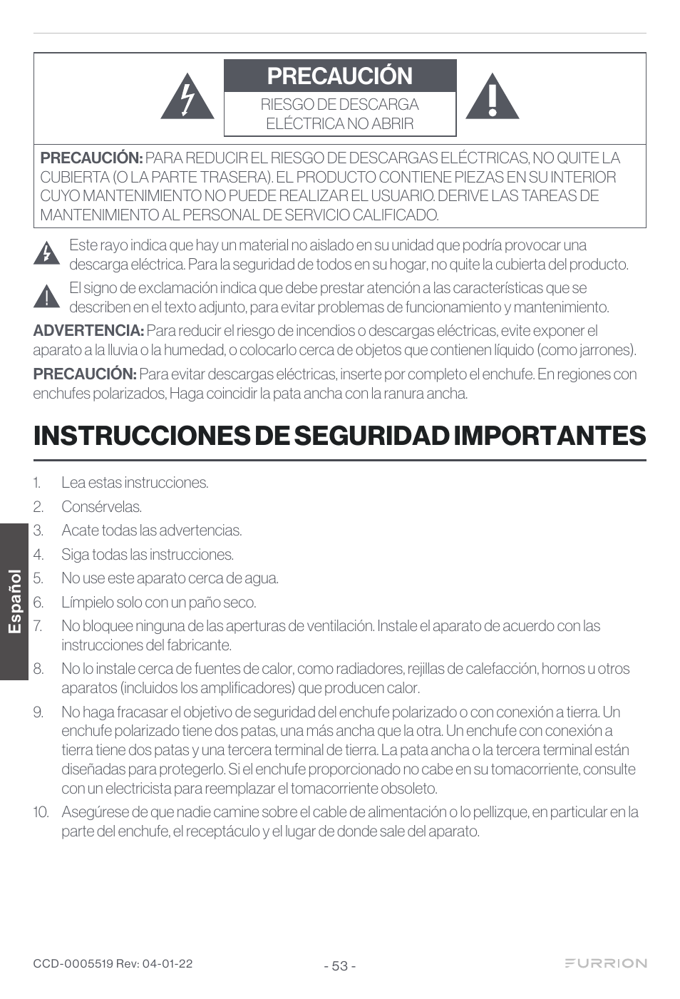 Instrucciones de seguridad importantes, Precaución | Furrion Aurora Sun 55" 4K HDR LED Full Sun Outdoor Smart TV User Manual | Page 54 / 77