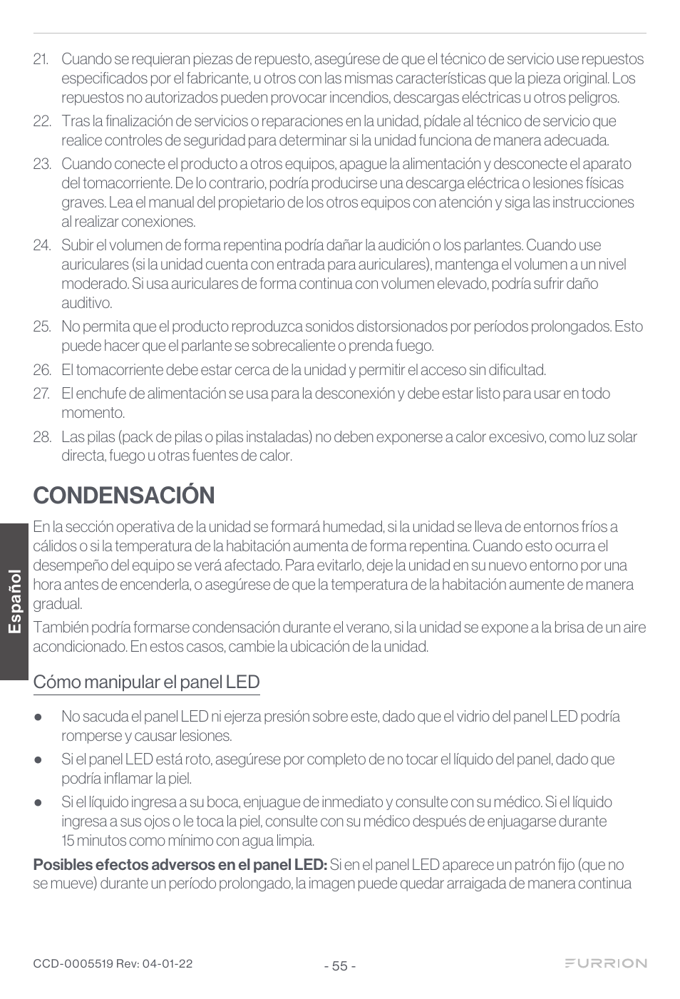 Condensación | Furrion Aurora Sun 55" 4K HDR LED Full Sun Outdoor Smart TV User Manual | Page 56 / 77