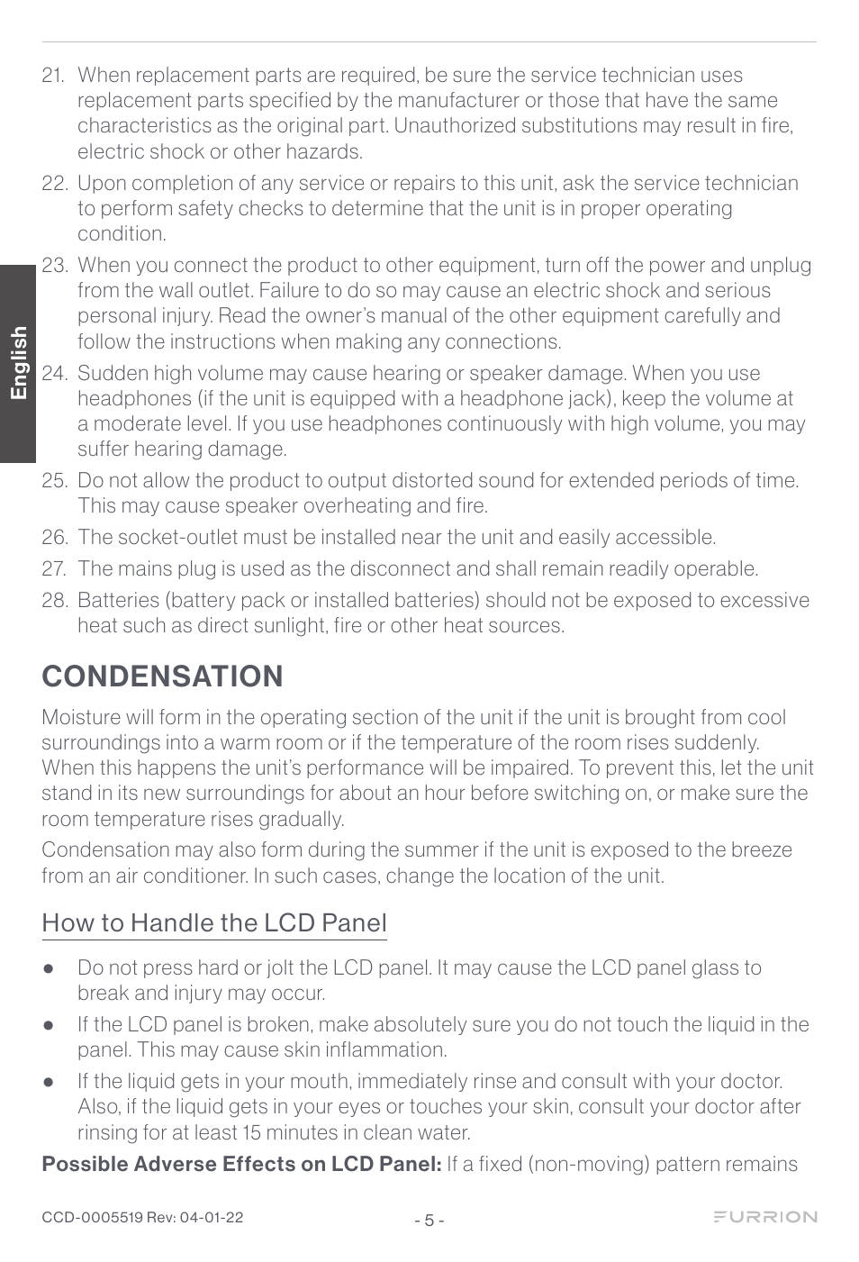 Condensation, How to handle the lcd panel | Furrion Aurora Sun 55" 4K HDR LED Full Sun Outdoor Smart TV User Manual | Page 6 / 77