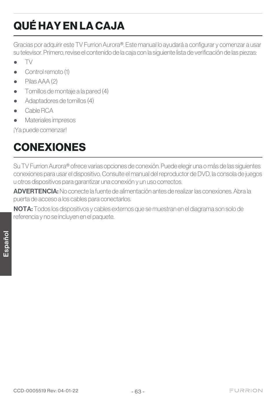 Qué hay en la caja, Conexiones | Furrion Aurora Sun 55" 4K HDR LED Full Sun Outdoor Smart TV User Manual | Page 64 / 77