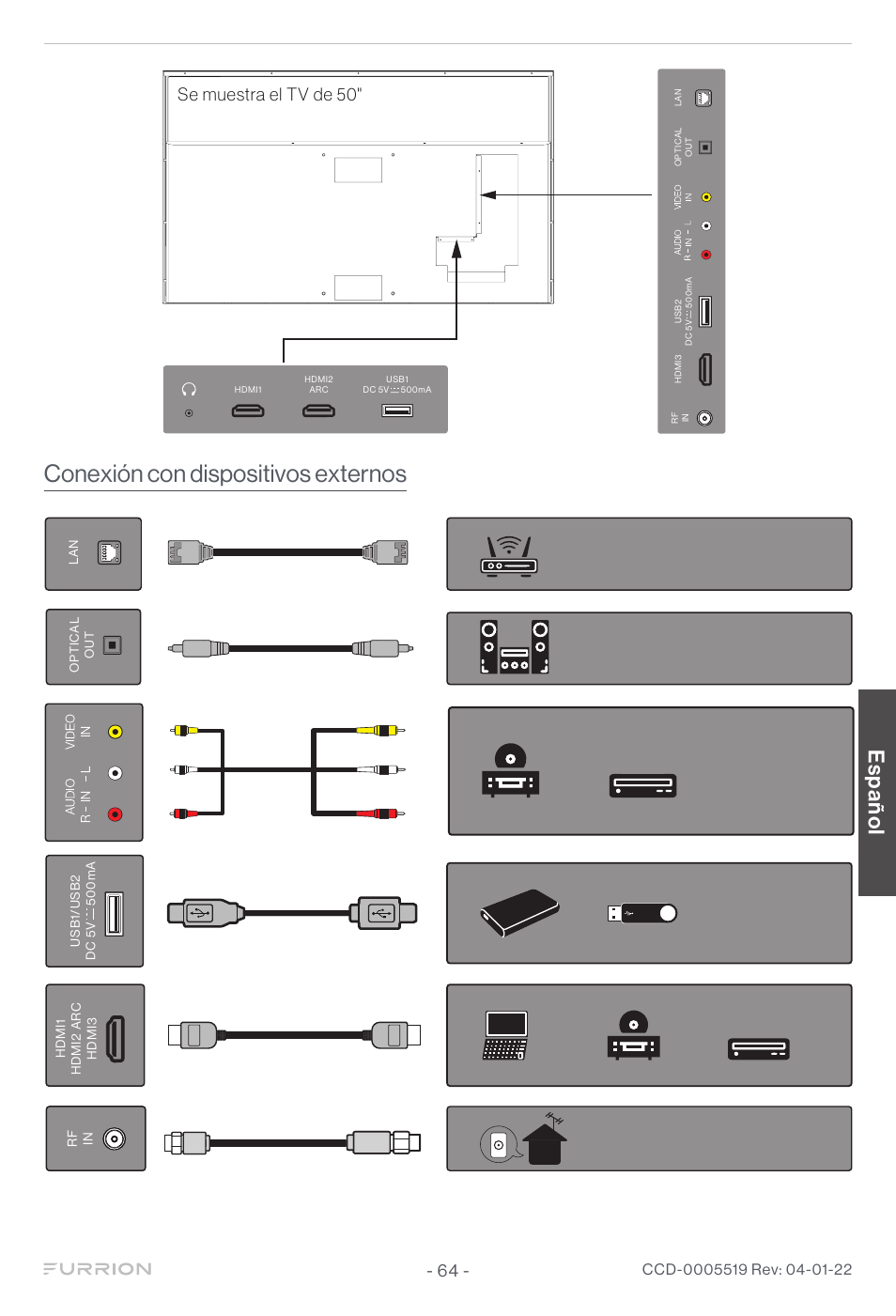 Conexión con dispositivos externos, Español, Se muestra el tv de 50 | Furrion Aurora Sun 55" 4K HDR LED Full Sun Outdoor Smart TV User Manual | Page 65 / 77