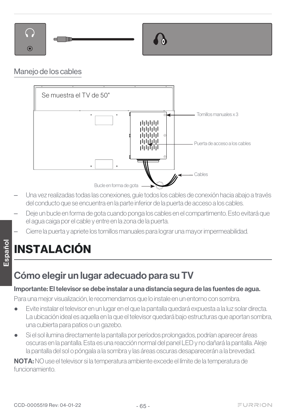 Instalación, Cómo elegir un lugar adecuado para su tv, Manejo de los cables | Español, Se muestra el tv de 50 | Furrion Aurora Sun 55" 4K HDR LED Full Sun Outdoor Smart TV User Manual | Page 66 / 77