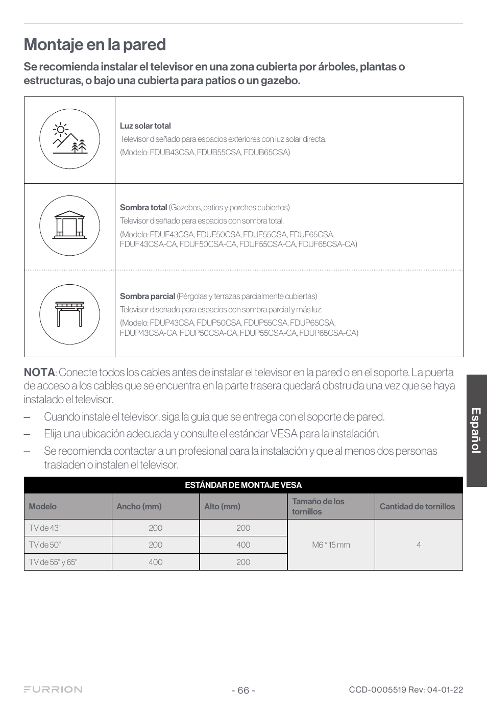 Montaje en la pared, Español | Furrion Aurora Sun 55" 4K HDR LED Full Sun Outdoor Smart TV User Manual | Page 67 / 77