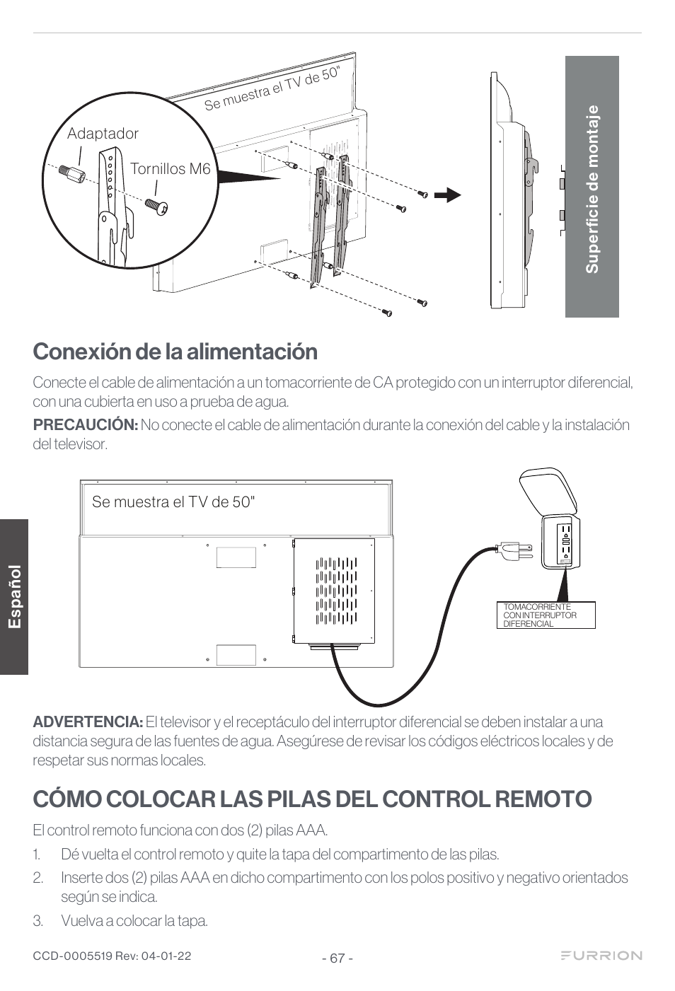 Conexión de la alimentación, Cómo colocar las pilas del control remoto | Furrion Aurora Sun 55" 4K HDR LED Full Sun Outdoor Smart TV User Manual | Page 68 / 77