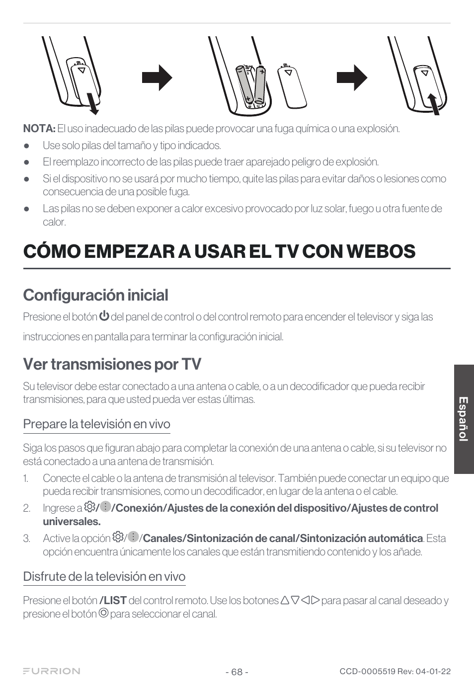 Cómo empezar a usar el tv con webos, Configuración inicial, Ver transmisiones por tv | Furrion Aurora Sun 55" 4K HDR LED Full Sun Outdoor Smart TV User Manual | Page 69 / 77