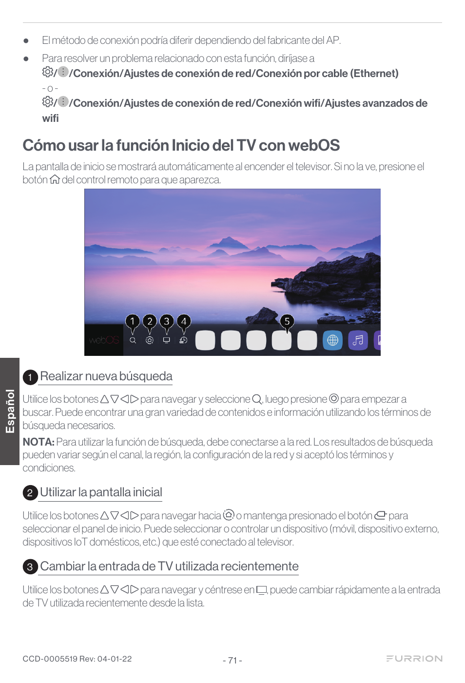 Cómo usar la función inicio del tv con webos | Furrion Aurora Sun 55" 4K HDR LED Full Sun Outdoor Smart TV User Manual | Page 72 / 77