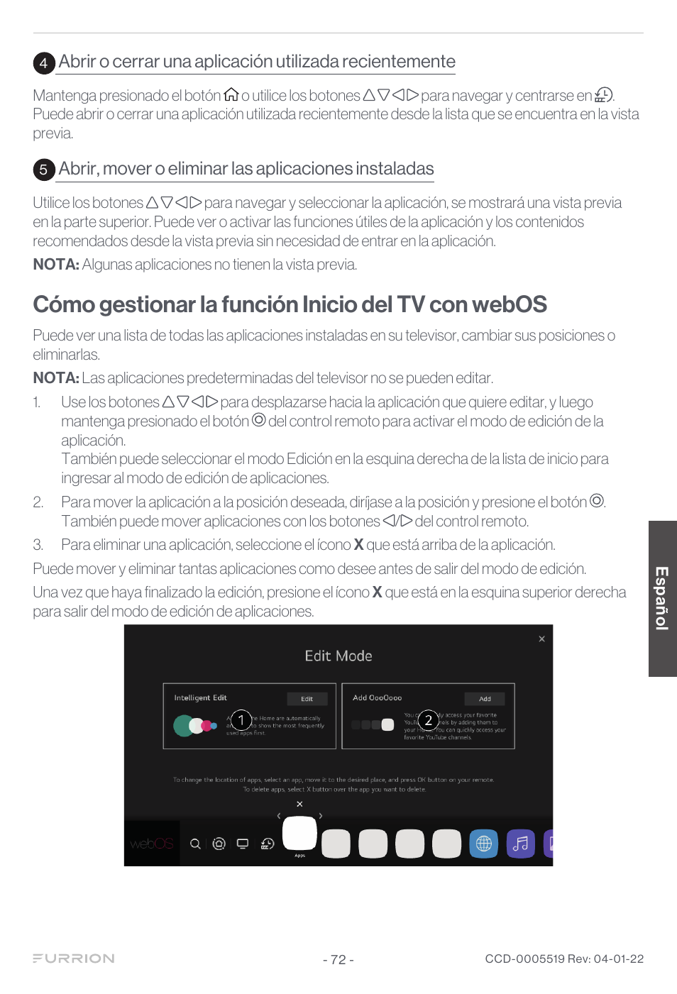 Cómo gestionar la función inicio del tv con webos | Furrion Aurora Sun 55" 4K HDR LED Full Sun Outdoor Smart TV User Manual | Page 73 / 77