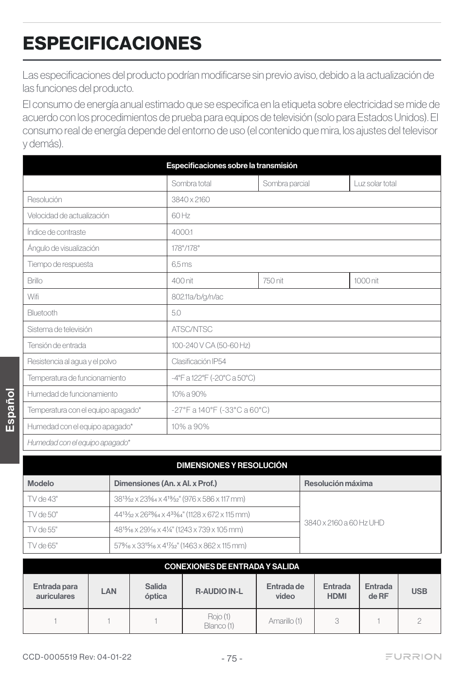 Especificaciones, Español | Furrion Aurora Sun 55" 4K HDR LED Full Sun Outdoor Smart TV User Manual | Page 76 / 77