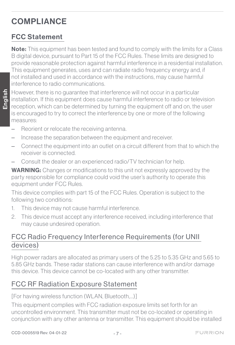 Compliance, Fcc statement, Fcc rf radiation exposure statement | Furrion Aurora Sun 55" 4K HDR LED Full Sun Outdoor Smart TV User Manual | Page 8 / 77