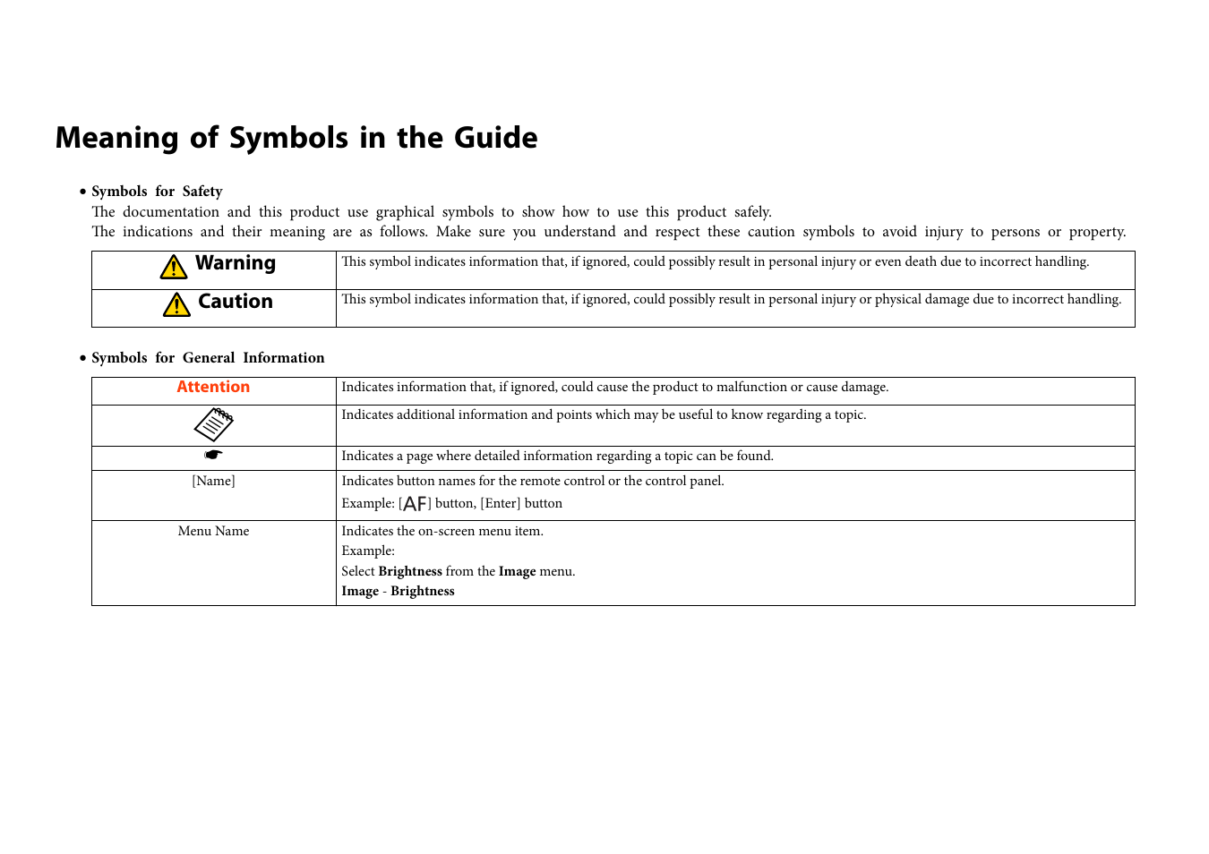 Meaning of symbols in the guide, Warning, Caution | Epson DC-30 Wireless Document Camera User Manual | Page 2 / 64