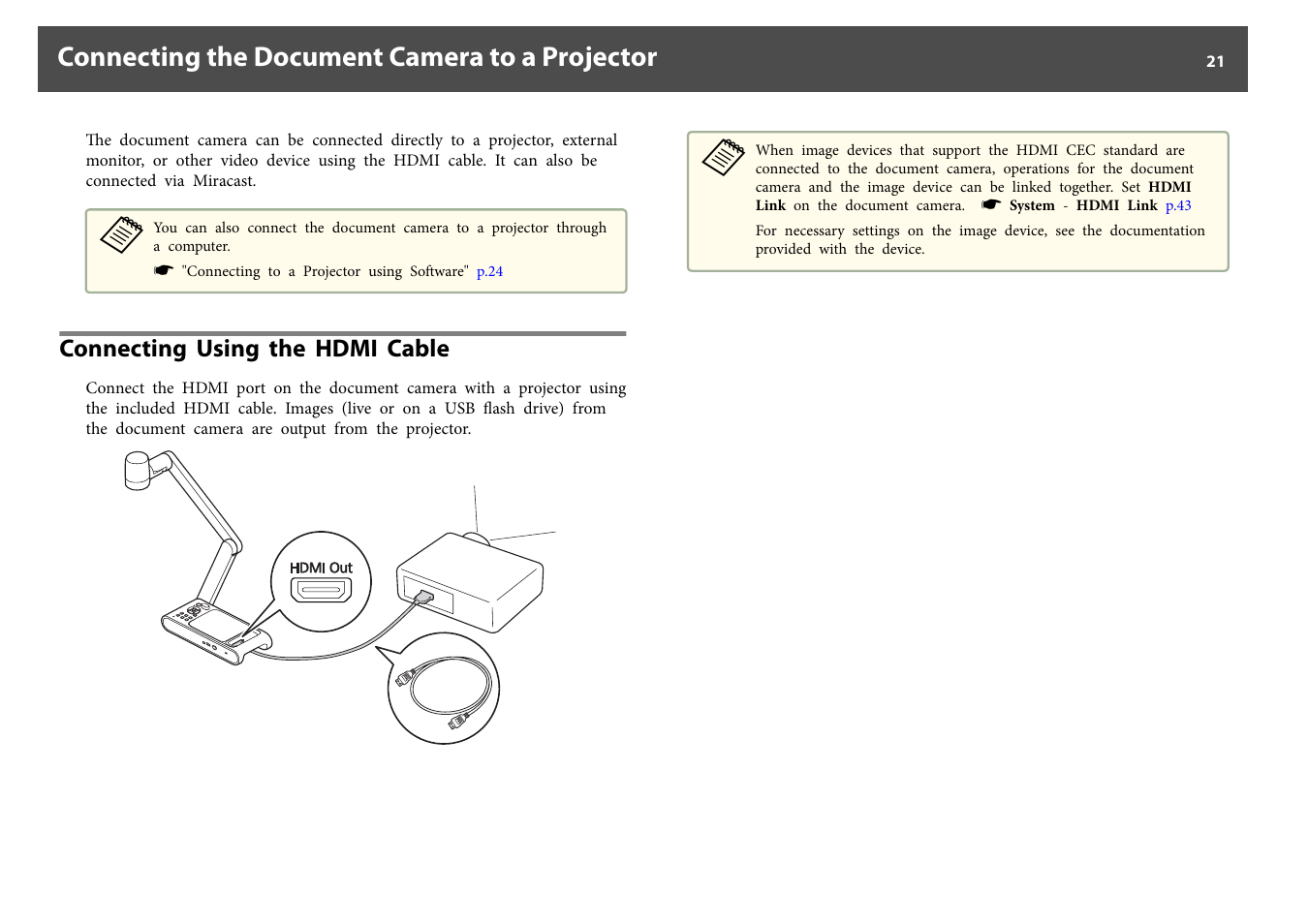 Connecting the document camera to a projector, Connecting using the hdmi cable | Epson DC-30 Wireless Document Camera User Manual | Page 21 / 64