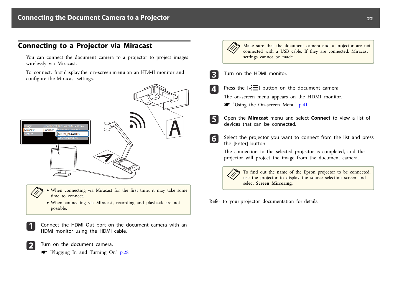 Connecting to a projector via miracast | Epson DC-30 Wireless Document Camera User Manual | Page 22 / 64