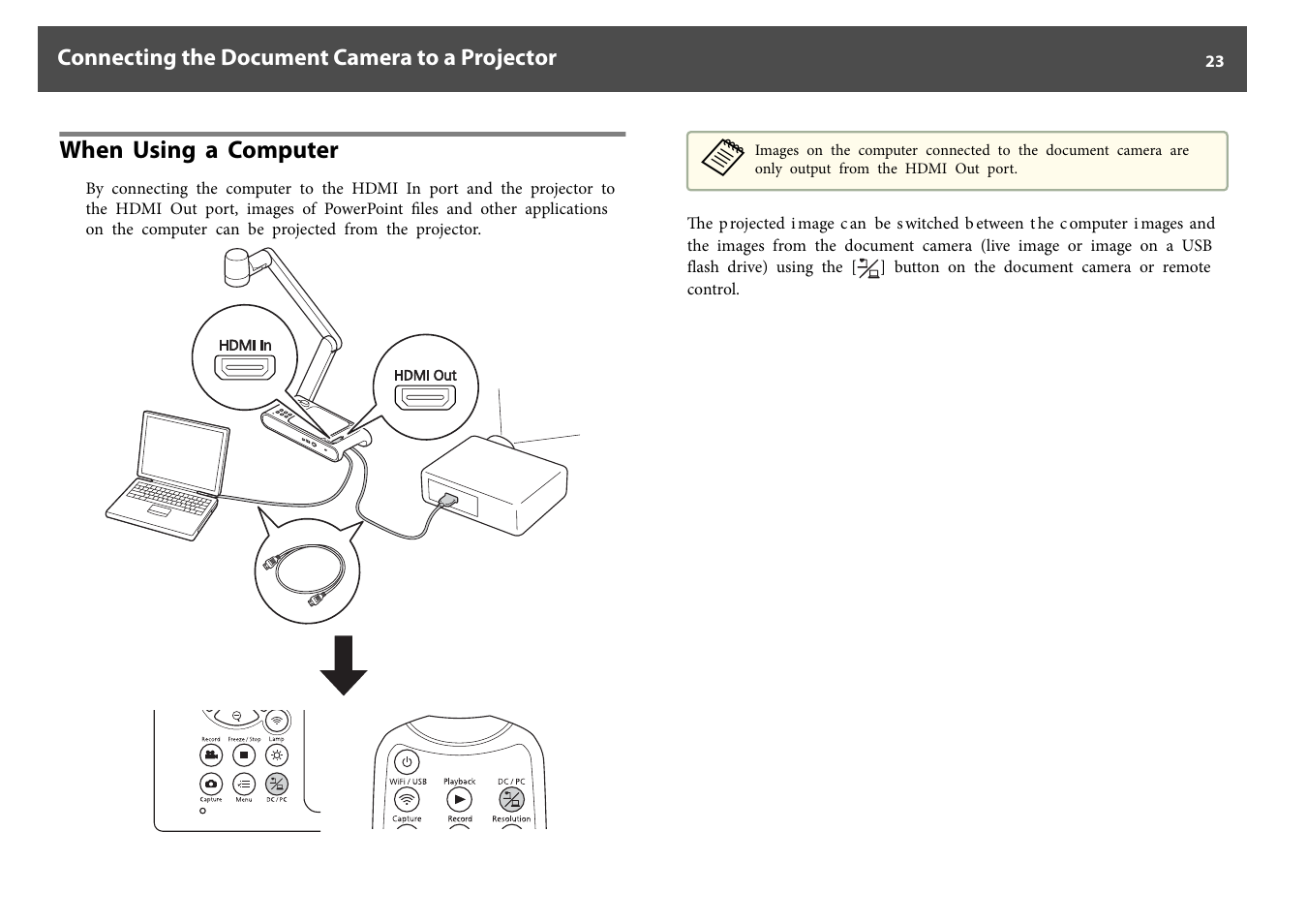 When using a computer, Connecting the document camera to a projector | Epson DC-30 Wireless Document Camera User Manual | Page 23 / 64