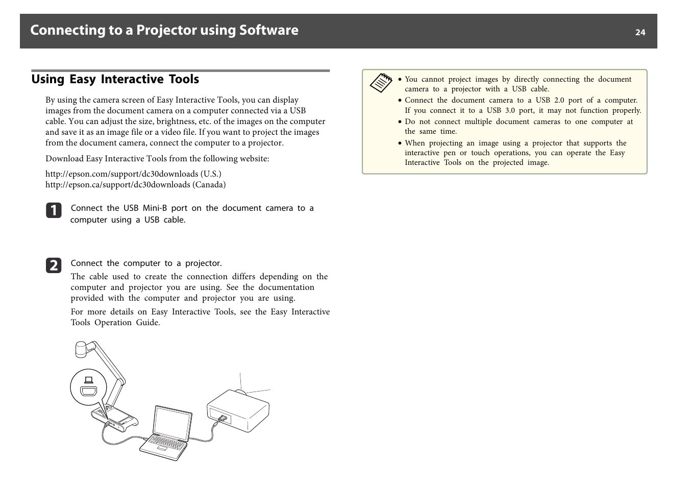 Connecting to a projector using software, Using easy interactive tools | Epson DC-30 Wireless Document Camera User Manual | Page 24 / 64