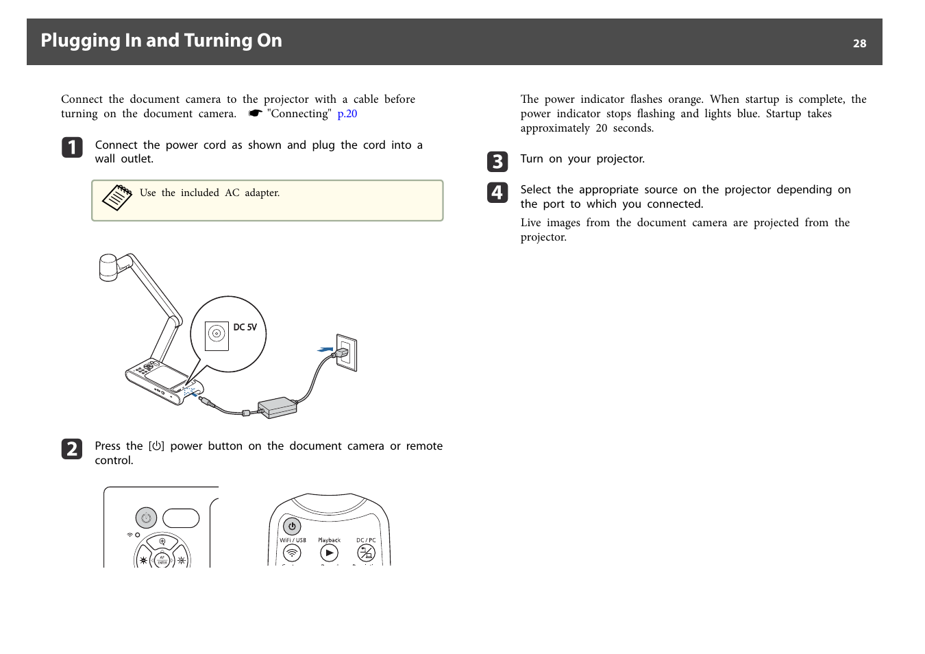 Plugging in and turning on, P.28 | Epson DC-30 Wireless Document Camera User Manual | Page 28 / 64