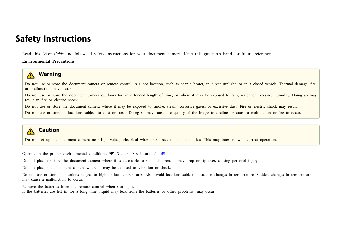 Safety instructions, Warning, Caution | Epson DC-30 Wireless Document Camera User Manual | Page 3 / 64