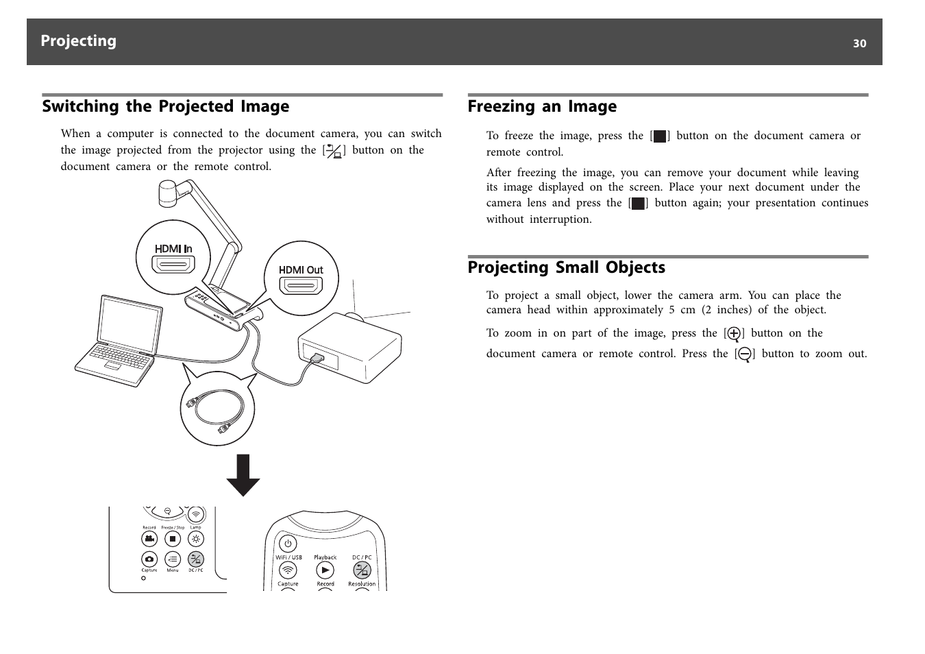 Switching the projected image, Freezing an image, Projecting small objects | Freezing an image projecting small objects, Projecting | Epson DC-30 Wireless Document Camera User Manual | Page 30 / 64