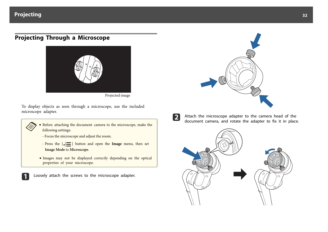 Projecting through a microscope, Projecting | Epson DC-30 Wireless Document Camera User Manual | Page 32 / 64