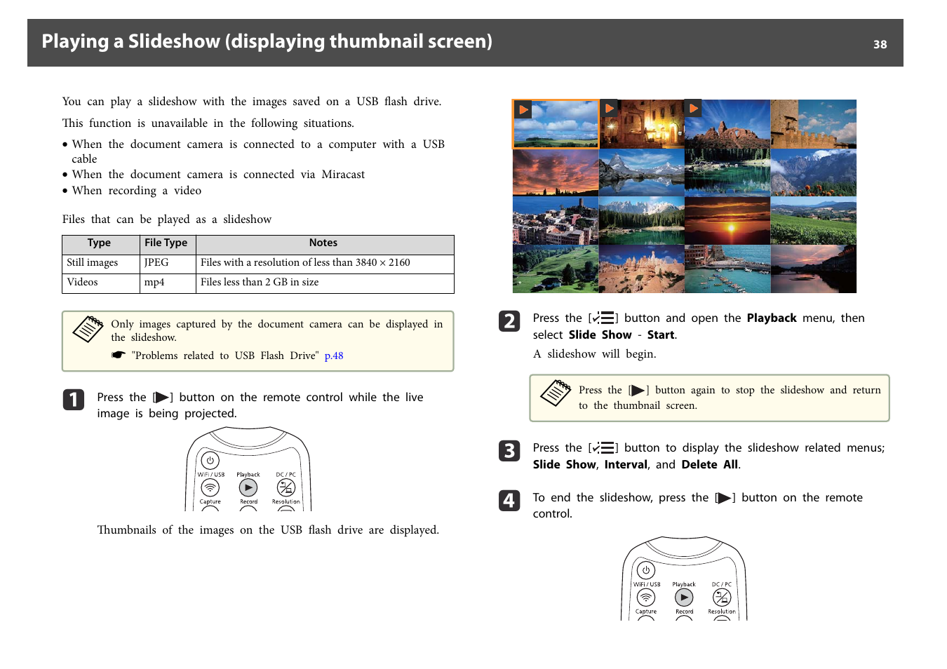 Playing a slideshow (displaying thumbnail screen) | Epson DC-30 Wireless Document Camera User Manual | Page 38 / 64