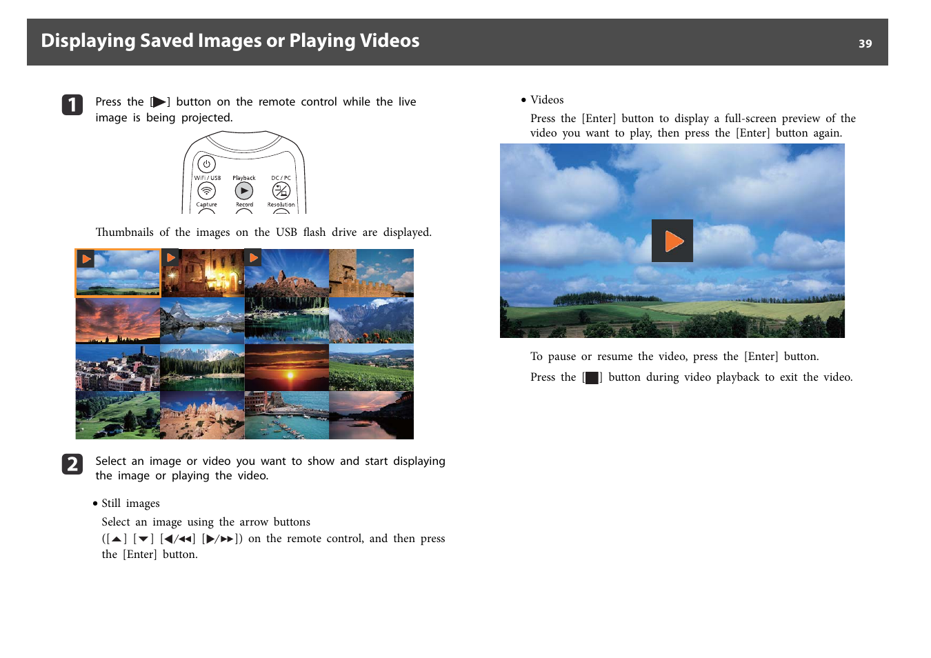 Displaying saved images or playing videos | Epson DC-30 Wireless Document Camera User Manual | Page 39 / 64