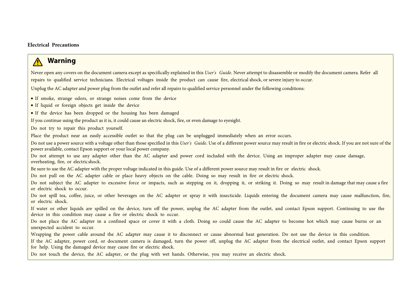 Warning | Epson DC-30 Wireless Document Camera User Manual | Page 4 / 64