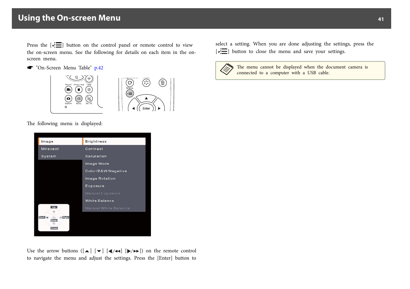 Using the on-screen menu, P.41 | Epson DC-30 Wireless Document Camera User Manual | Page 41 / 64