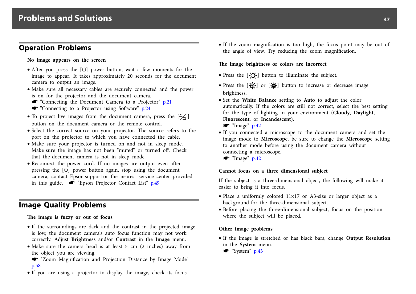 Problems and solutions, Operation problems, Image quality problems | Operation problems image quality problems | Epson DC-30 Wireless Document Camera User Manual | Page 47 / 64