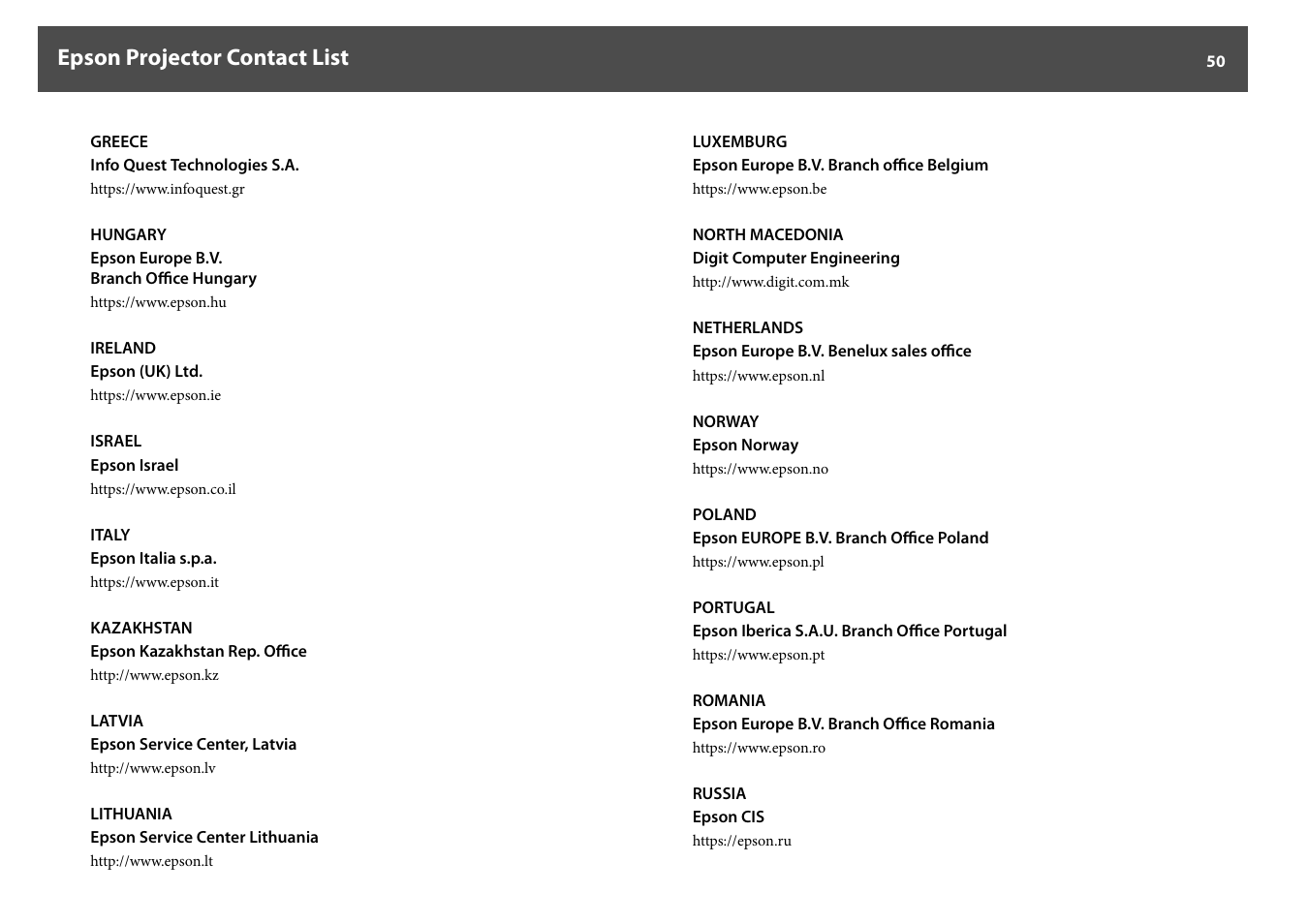 Epson projector contact list | Epson DC-30 Wireless Document Camera User Manual | Page 50 / 64