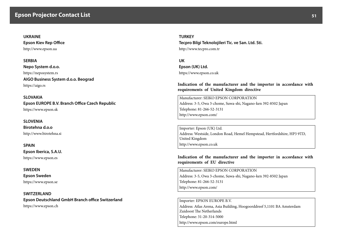 Epson projector contact list | Epson DC-30 Wireless Document Camera User Manual | Page 51 / 64