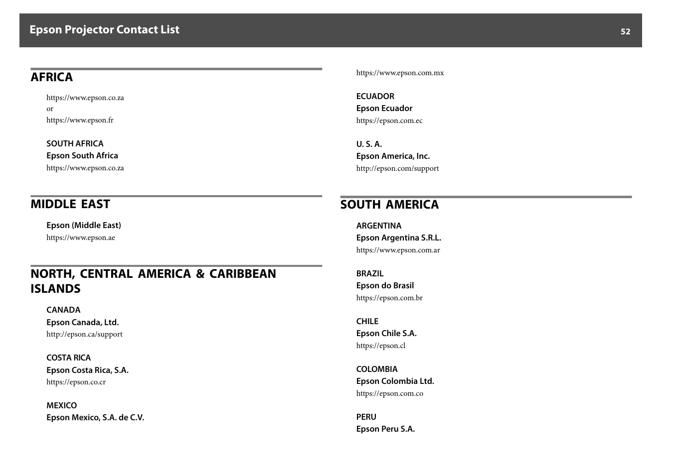 Africa, Middle east, North, central america & caribbean islands | South america, Epson projector contact list | Epson DC-30 Wireless Document Camera User Manual | Page 52 / 64